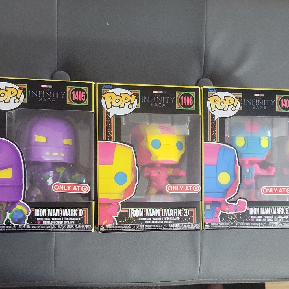 Funko Iron Man Mark 1, 3, 5 Set - Purple, Yellow, Blue
